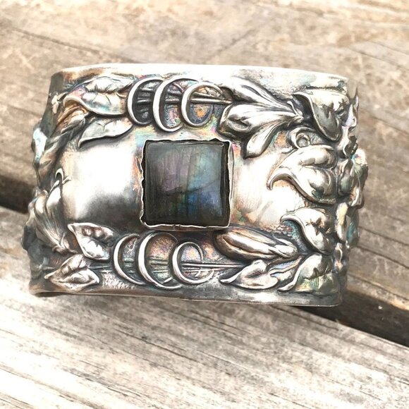 Labradorite Spectralite Sterling Silver 925 Cuff Bracelet Wide Floral  Antique - Picture 10 of 13